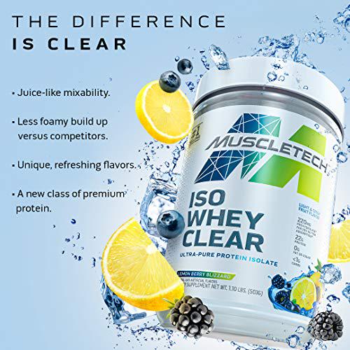 Whey Protein Powder | MuscleTech Clear Whey Protein Isolate | Whey Isolate Protein Powder for Women and Men | Clear Protein Drink | 22g of Protein, 90 Calories | Lemon Berry Blizzard, 1.1lb(19 Servings)