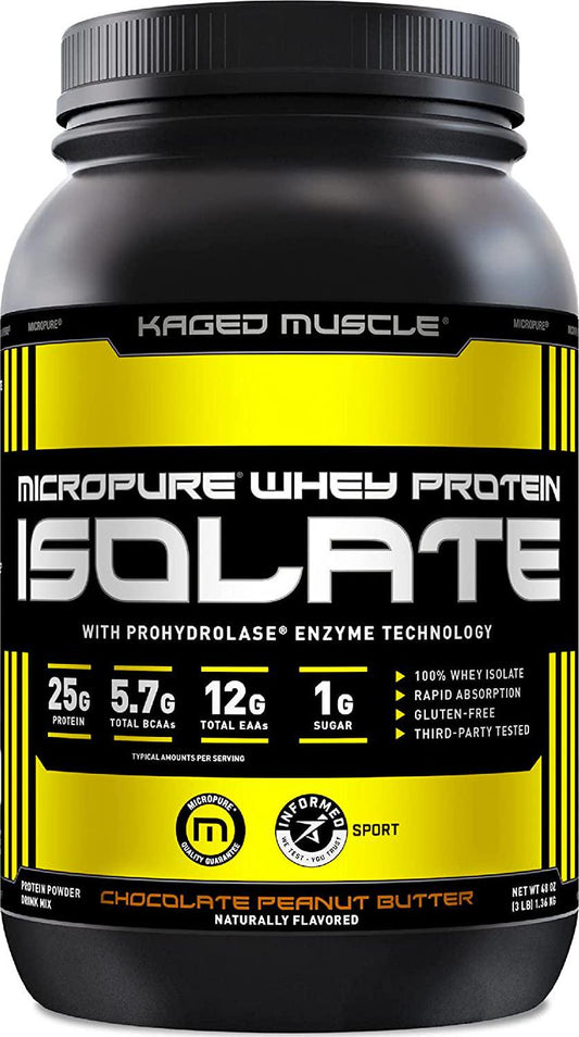 Whey Protein Powder, Kaged Muscle 100% Whey Protein Isolate Powder for Post Workout Recovery and Muscle-Building, Whey Isolate Protein Powder, Amazing Taste, Made with Natural Flavors, Chocolate PB, 3lb