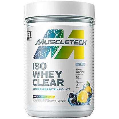 Whey Protein Powder | MuscleTech Clear Whey Protein Isolate | Whey Isolate Protein Powder for Women and Men | Clear Protein Drink | 22g of Protein, 90 Calories | Lemon Berry Blizzard, 1.1lb(19 Servings)