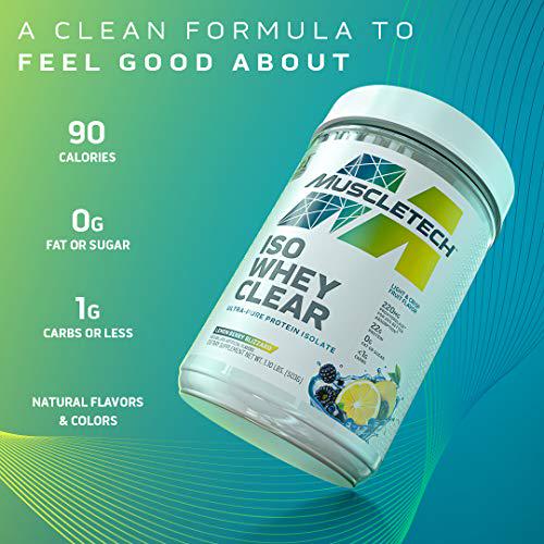 Whey Protein Powder | MuscleTech Clear Whey Protein Isolate | Whey Isolate Protein Powder for Women and Men | Clear Protein Drink | 22g of Protein, 90 Calories | Lemon Berry Blizzard, 1.1lb(19 Servings)