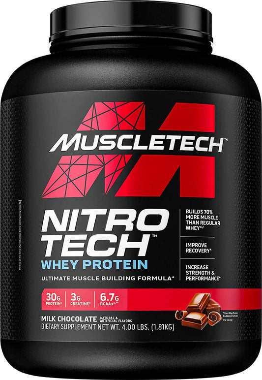 Whey Protein Powder | MuscleTech Nitro-Tech Whey Protein Isolate and Peptides | Milk Chocolate, 4 Pound (Pack of 1), 40 Servings