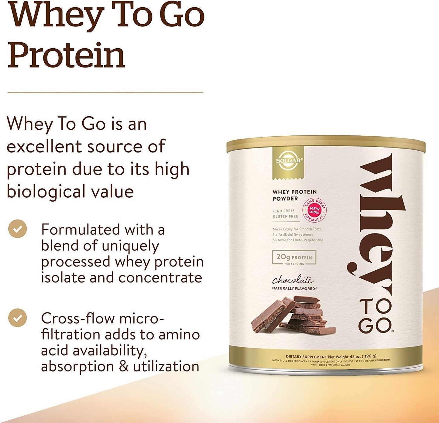 Whey To Go Protein Powder Natural Chocolate Cocoa Bean Flavor By Solgar - 41 oz