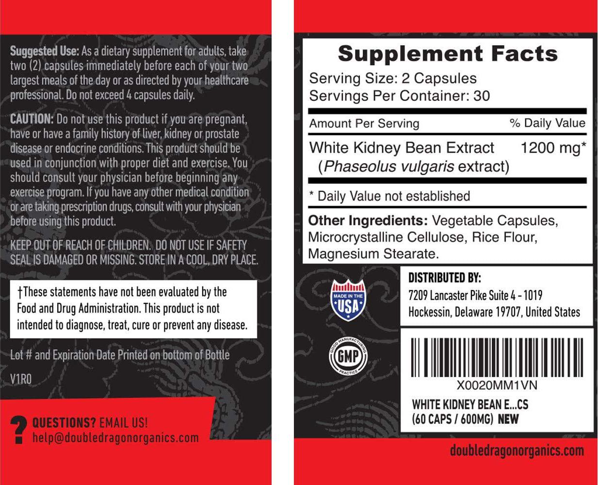 White Kidney Bean Extract - 100% Pure Carb Blocker - Keto Carb Blocker- Double Dragon Organics (60 Caps / 600MG)