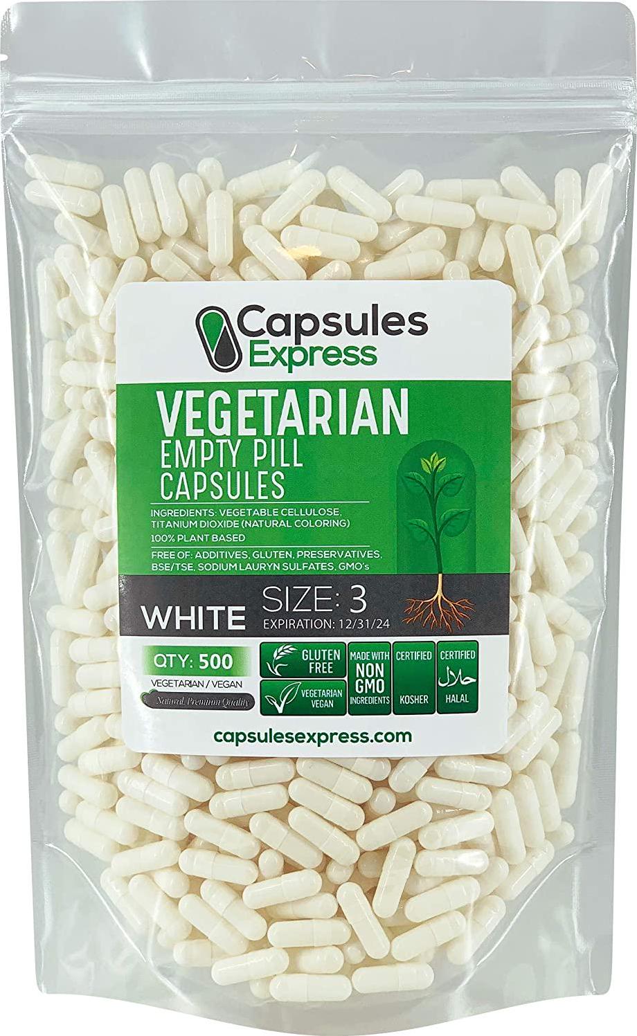 White Size 3 Empty Vegetarian Vegetable Vegan Vcap Capsules - 500 Count, by Capsules Express