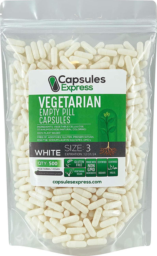 White Size 3 Empty Vegetarian Vegetable Vegan Vcap Capsules - 500 Count, by Capsules Express