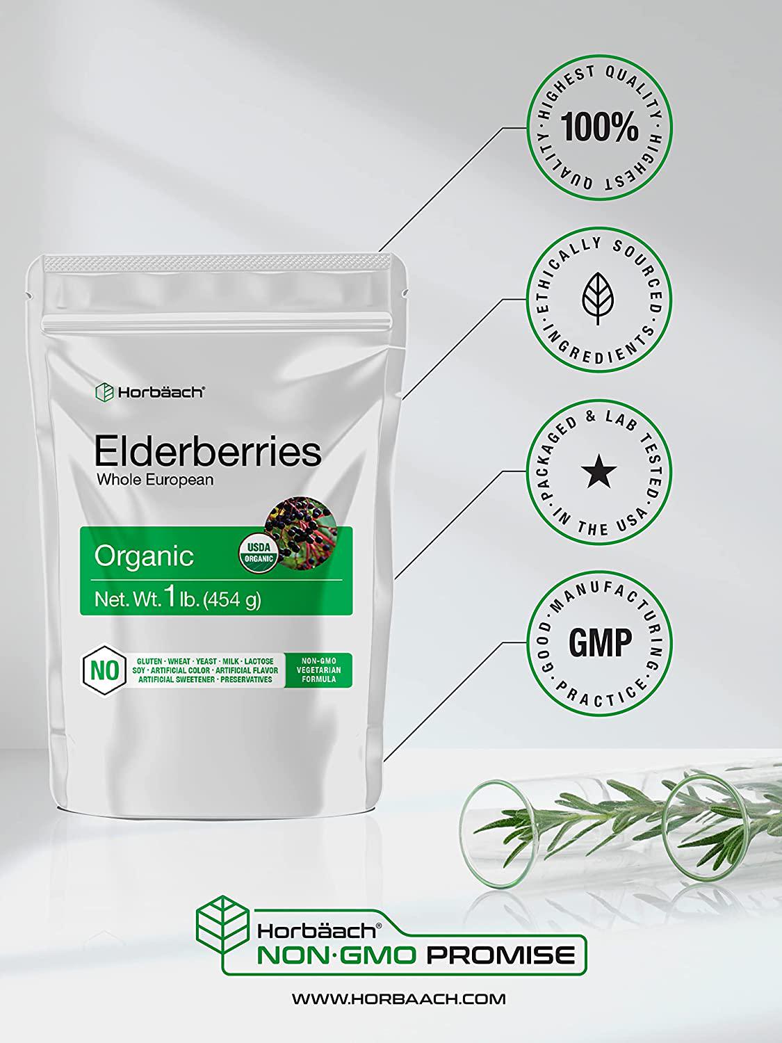 Whole Dried Organic Elderberries | 1 lb Bulk Bag | European Sambucus Nigra | by Horbaach