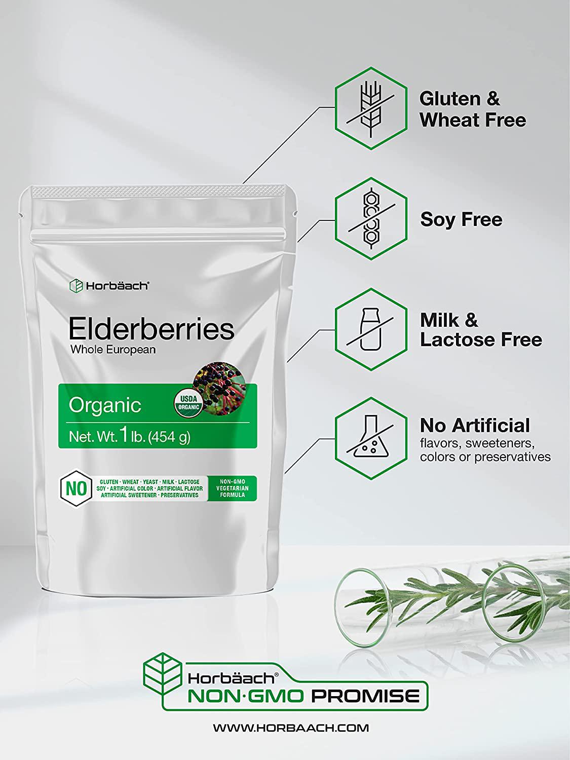 Whole Dried Organic Elderberries | 1 lb Bulk Bag | European Sambucus Nigra | by Horbaach