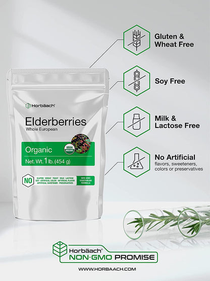 Whole Dried Organic Elderberries | 1 lb Bulk Bag | European Sambucus Nigra | by Horbaach