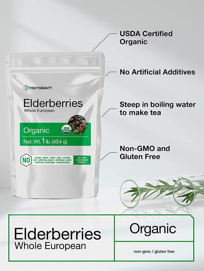 Whole Dried Organic Elderberries | 1 lb Bulk Bag | European Sambucus Nigra | by Horbaach