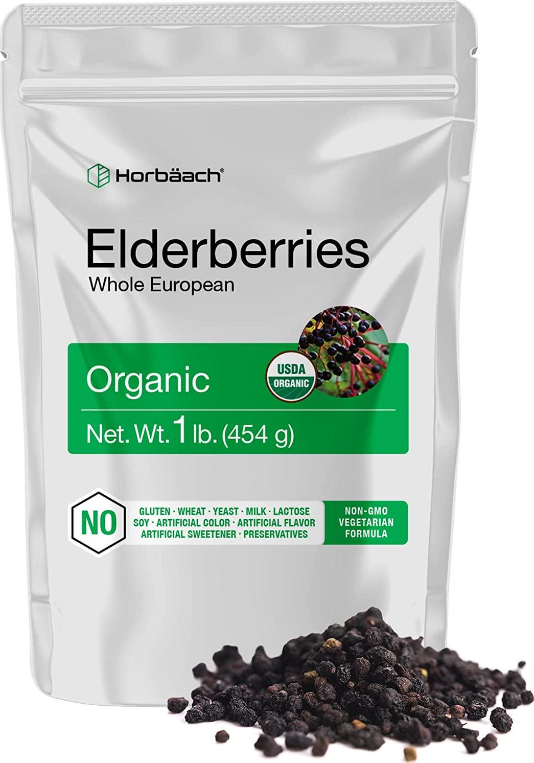 Whole Dried Organic Elderberries | 1 lb Bulk Bag | European Sambucus Nigra | by Horbaach