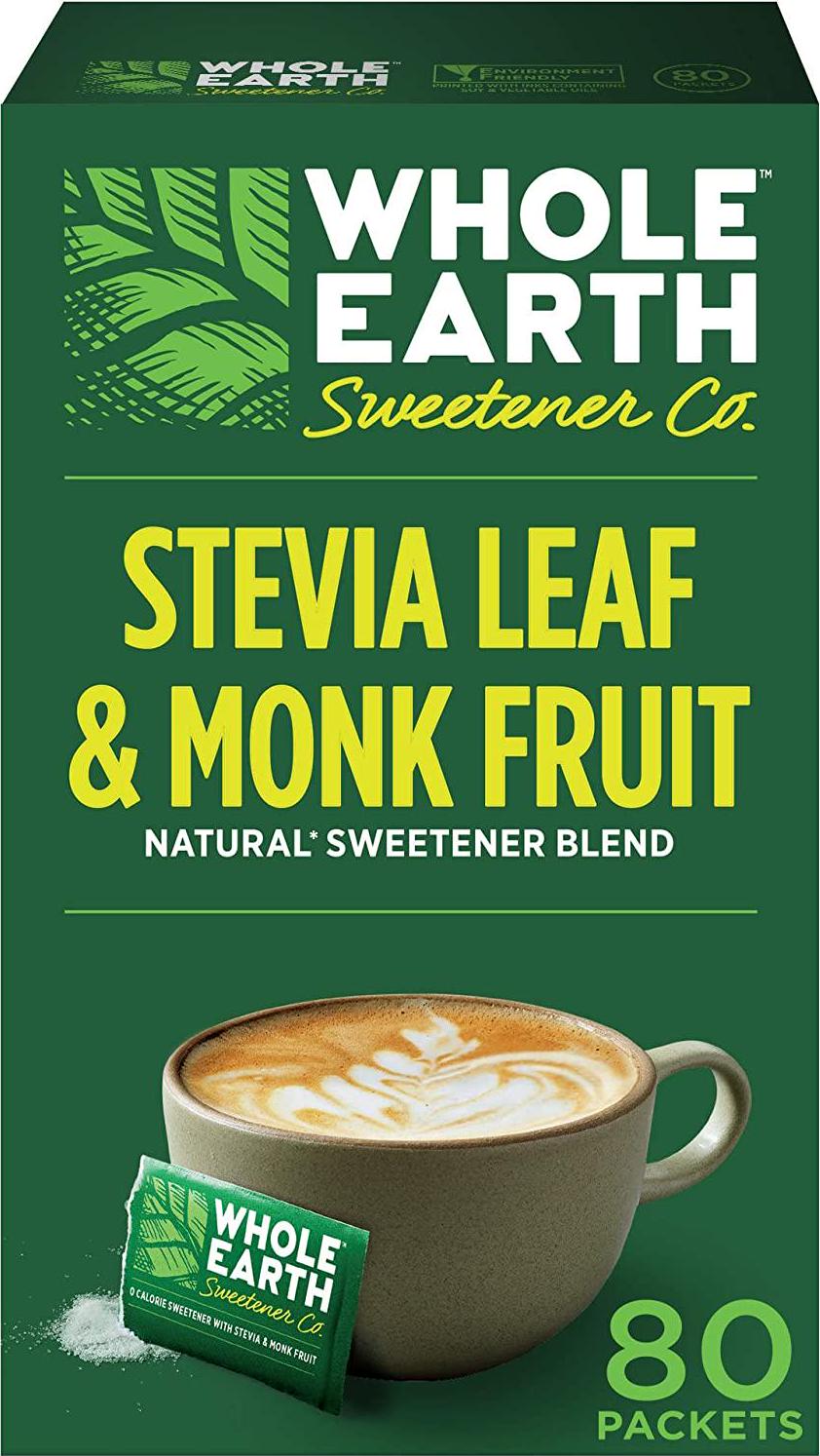 Whole Earth Sweetener Stevia Leaf and Monk Fruit Sweetener, Erythritol Sweetener, Sugar Substitute, Zero Calorie Sweetener, 80 Stevia Packets (Pack of 12)