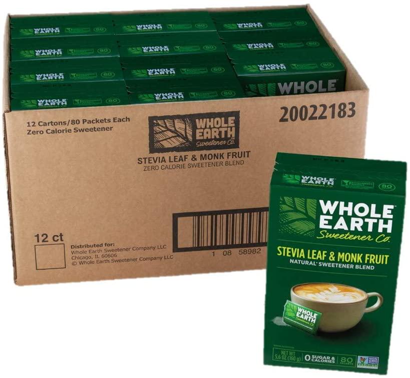 Whole Earth Sweetener Stevia Leaf and Monk Fruit Sweetener, Erythritol Sweetener, Sugar Substitute, Zero Calorie Sweetener, 80 Stevia Packets (Pack of 12)