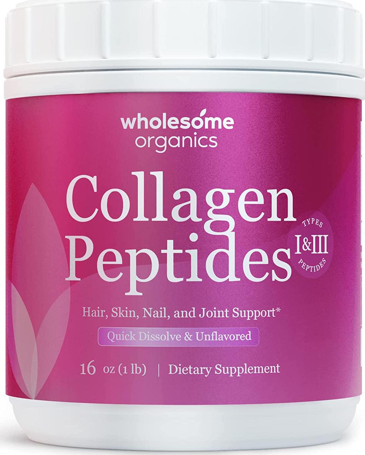 Wholesome Organics Collagen Peptides Powder (Type I and III) - Hair, Nails, Skin and Joint Health - Grass Fed and Pasture Raised - Hydrolyzed Collagen, Non-GMO, Dairy Free, and Keto - Unflavored (16 Oz)