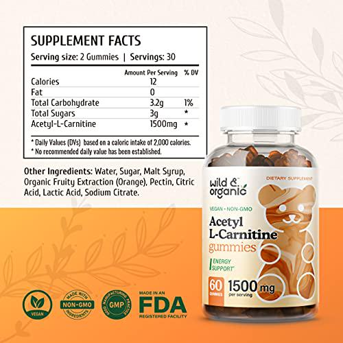 Wild and Organic Acetyl L-Carnitine Gummies - Natural Dietary Supplement - 1500mg ALCAR to Support Weight Management, Boost Energy and Metabolism, Cognitive and Immune System Function - 60 Chews per Bottle