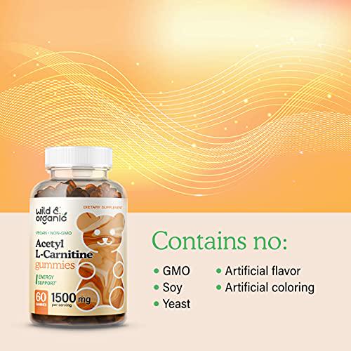 Wild and Organic Acetyl L-Carnitine Gummies - Natural Dietary Supplement - 1500mg ALCAR to Support Weight Management, Boost Energy and Metabolism, Cognitive and Immune System Function - 60 Chews per Bottle