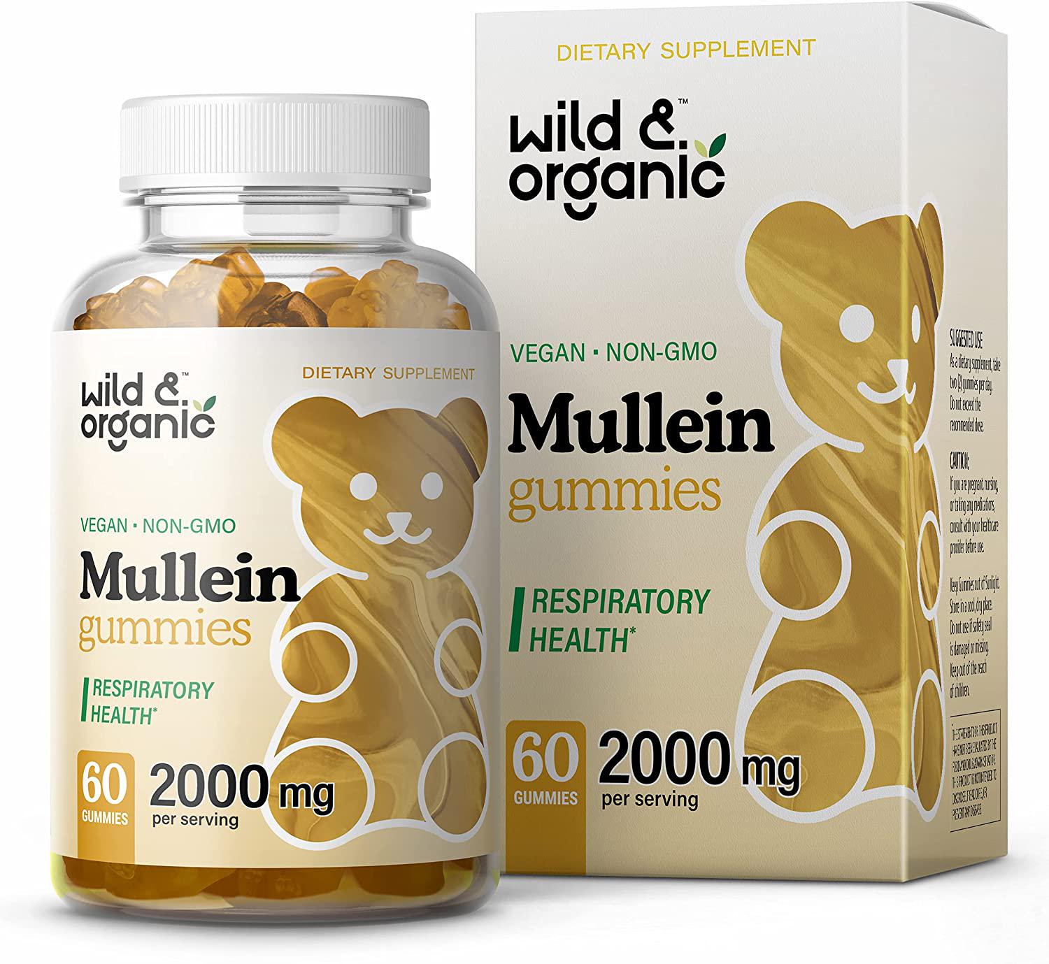 Wild and Organic Mullein Gummies - Daily Dietary Supplement for Respiratory, Digestive Support - Natural Sleep Aid, Immune Booster - Vegan, Non-GMO Verbascum Thapsus Herbal Extract - 2000mg, 60 Chews