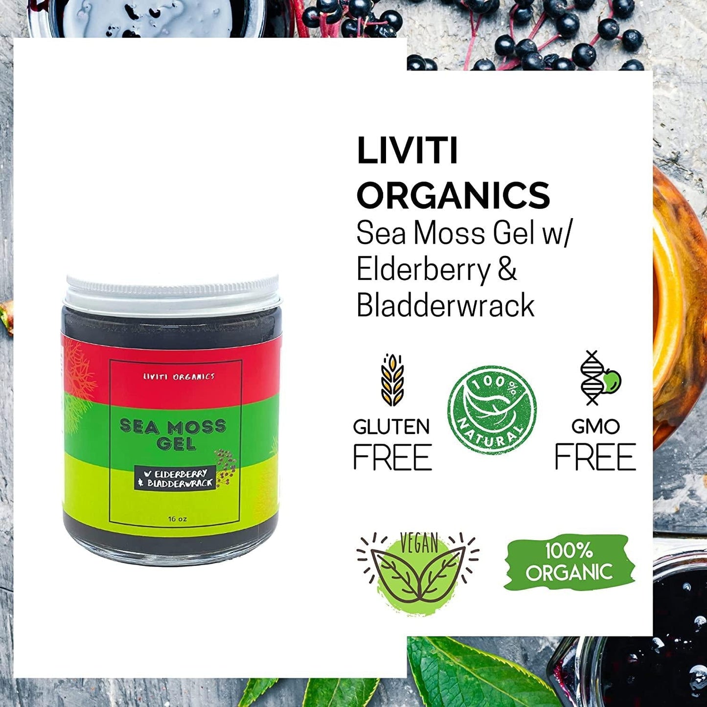 Wildcrafted Sea Moss Gel with Elderberry and Bladderwrack Organic Irish Sea Moss with 92 Minerals and Vitamins, Cell Food for Energy