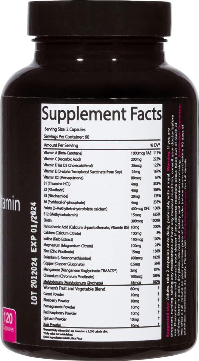Women's Multi Vitamin - 28 Powerful Nutrients, Vitamins, and Minerals - Best Multivitamin for Women - Supports Optimum Health, Physical Energy, Immune System, and Maximum Vitality - 120 Capsules
