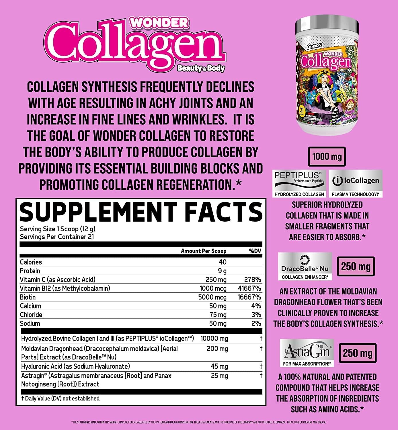 Wonder Collagen by Glaxon | 10 g Next Generation Hydrolyzed Collagen Powder |Anti-Aging Hair Skin and Nails | Great Taste |8.8 oz – 21 Servings (Frosted Cinna Swirl)