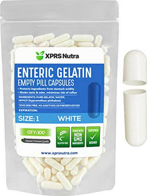 XPRS Nutra Size 1 Empty Capsules - 100 Count White Enteric Coated Empty Gelatin Capsules - Delayed Release Pill Capsules - DIY Capsule Filling - Pure Bovine Empty Enteric Capsules Gel Caps