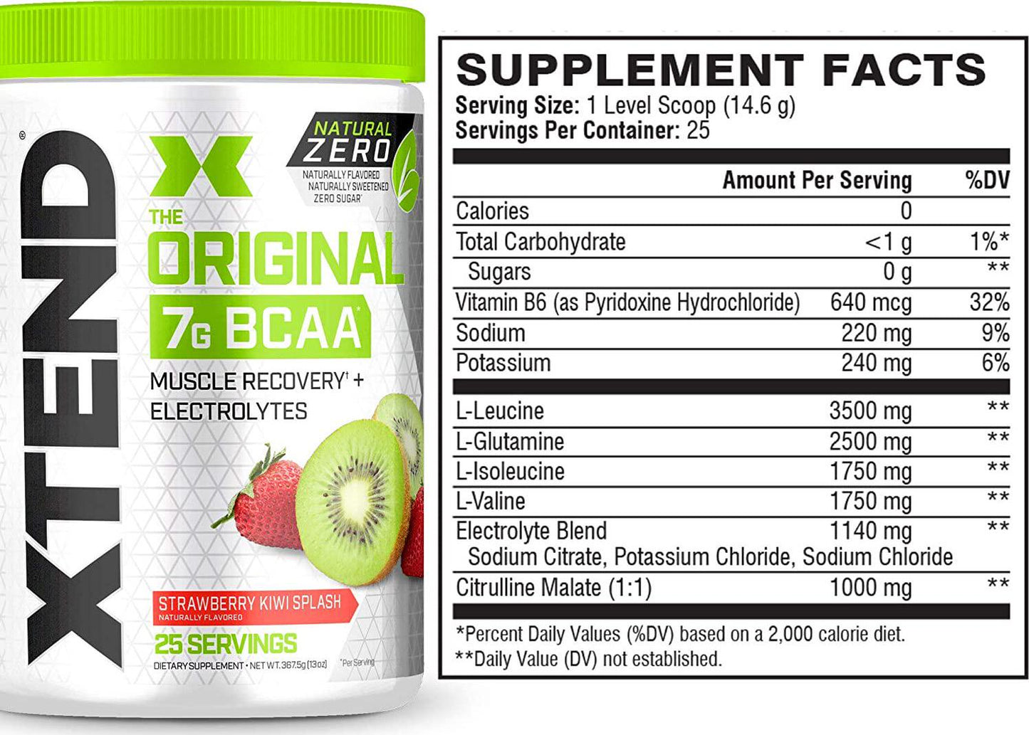 XTEND Natural Zero BCAA Powder Strawberry Kiwi Splash | Free of Artificial Sweeteners, Flavors, and Chemical Dyes | Post Workout Drink with Amino Acids | 7g BCAAs for Men and Women | 25 Servings