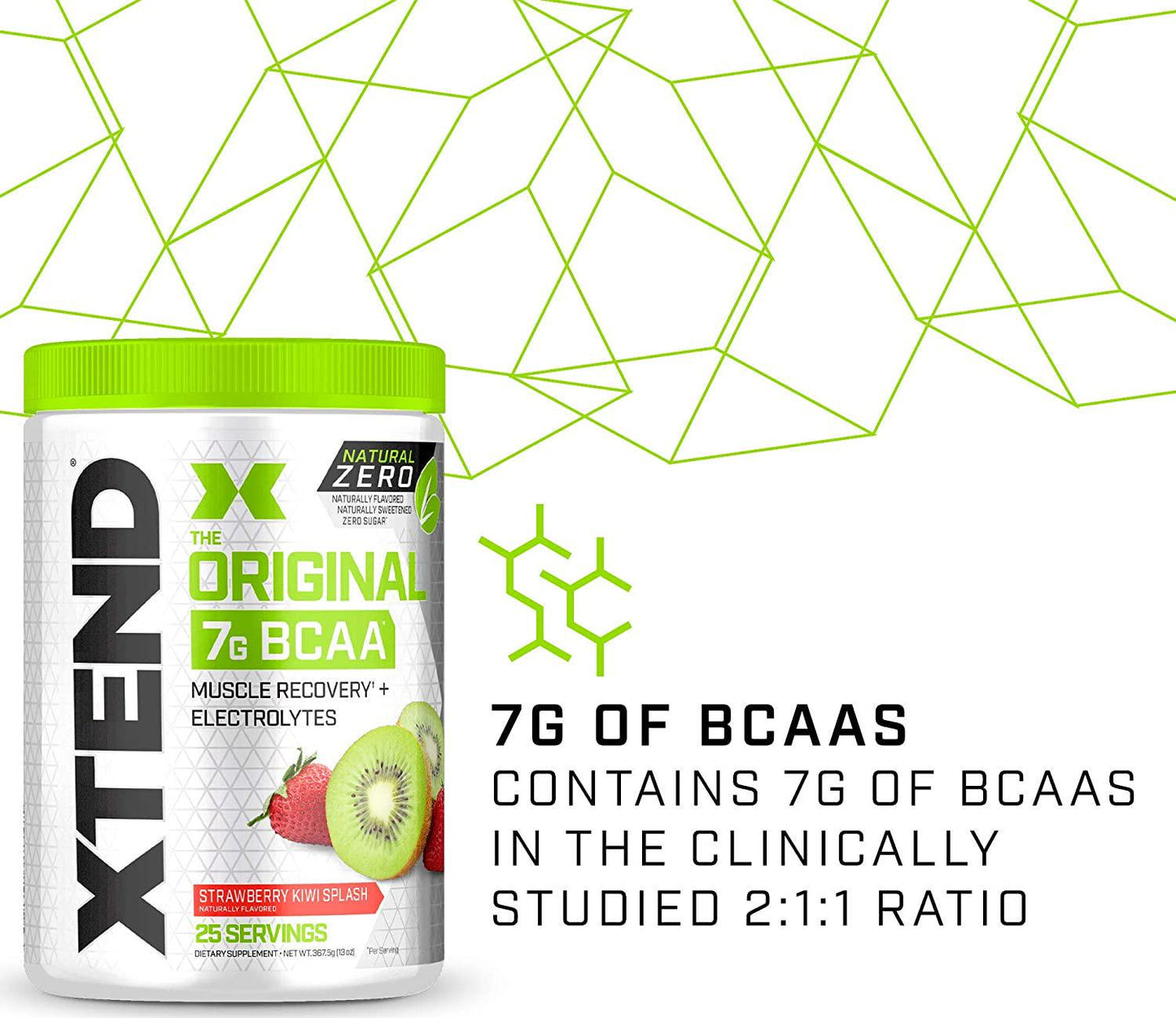 XTEND Natural Zero BCAA Powder Strawberry Kiwi Splash | Free of Artificial Sweeteners, Flavors, and Chemical Dyes | Post Workout Drink with Amino Acids | 7g BCAAs for Men and Women | 25 Servings