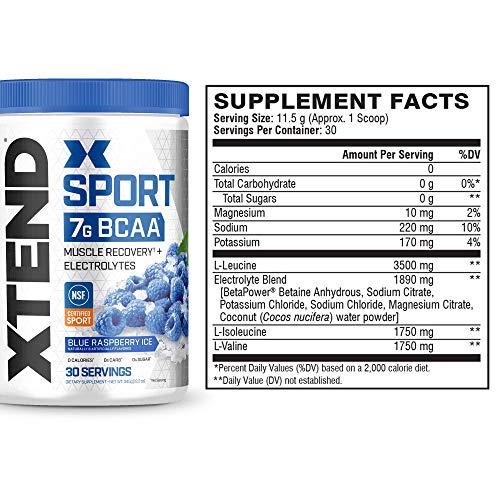 XTEND Sport BCAA Powder Blue Raspberry Ice - Electrolyte Powder for Recovery and Hydration with Amino Acids - 30 Servings