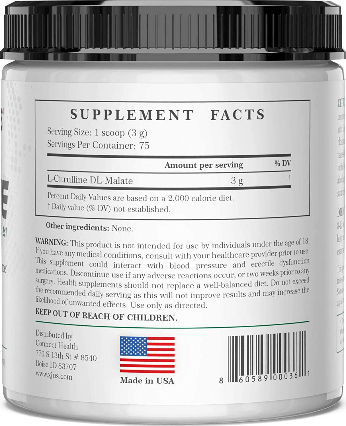 Xjus L-Citrulline DL-Malate, Increase Blood and Oxygen Flow, Reduce Blood Pressure, Fast Absorption, Vegan Friendly, Kosher, No Filler Ingredients, 75 Servings