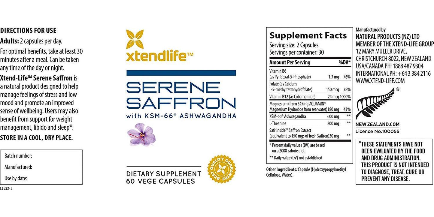 Xtend-Life, Serene Saffron, Manage Stress, Support Mood and Promote Wellbeing, (60 Capsules)