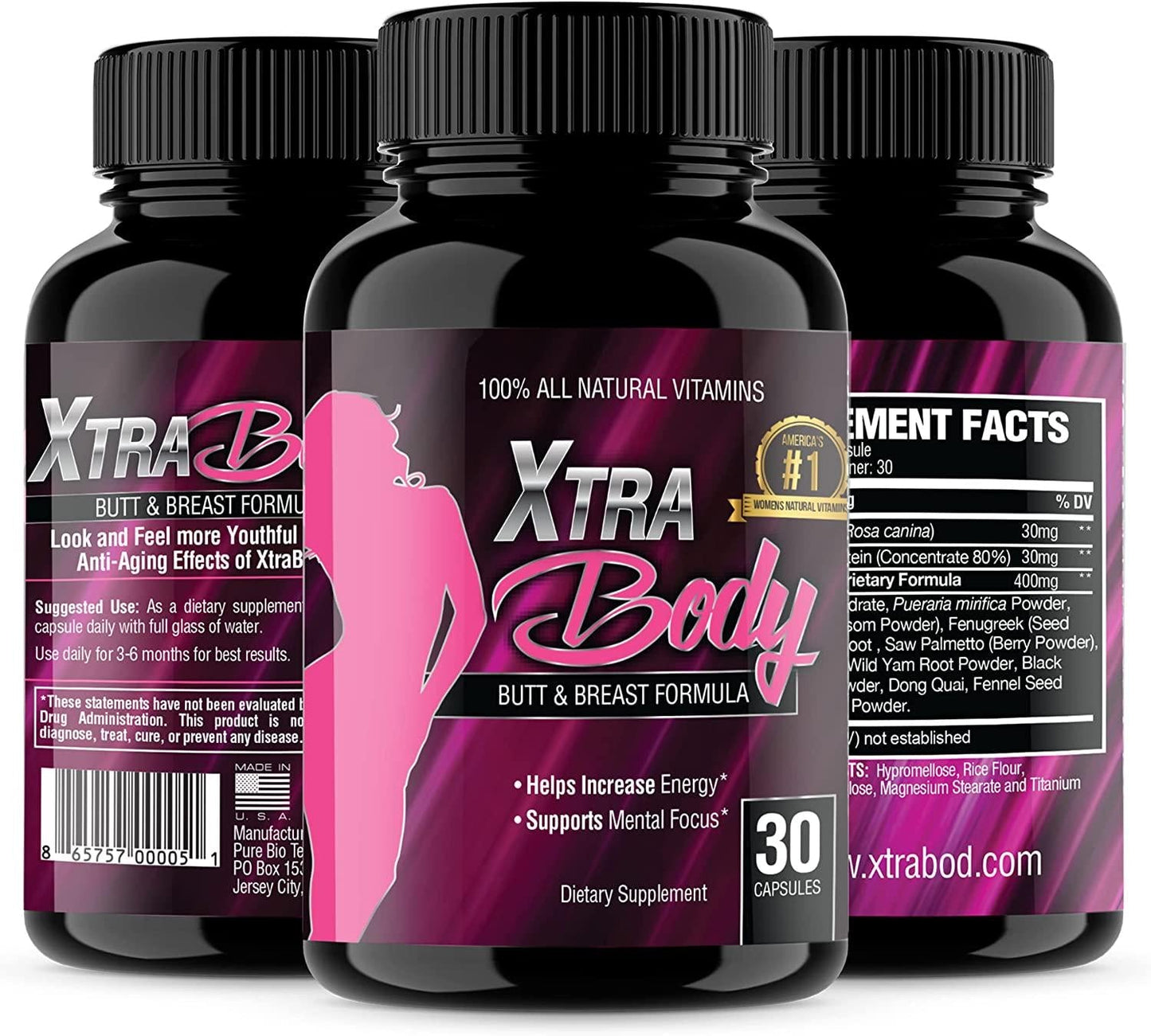 XtraBody Butt Enhancement and Breast Enlargement Supplement - Estrogen Enhancer - Increases Natural Curves, Reduces Menstrual Symptoms and Provides an Extra Boost of Energy (1 Bottle - 30 Capsules)