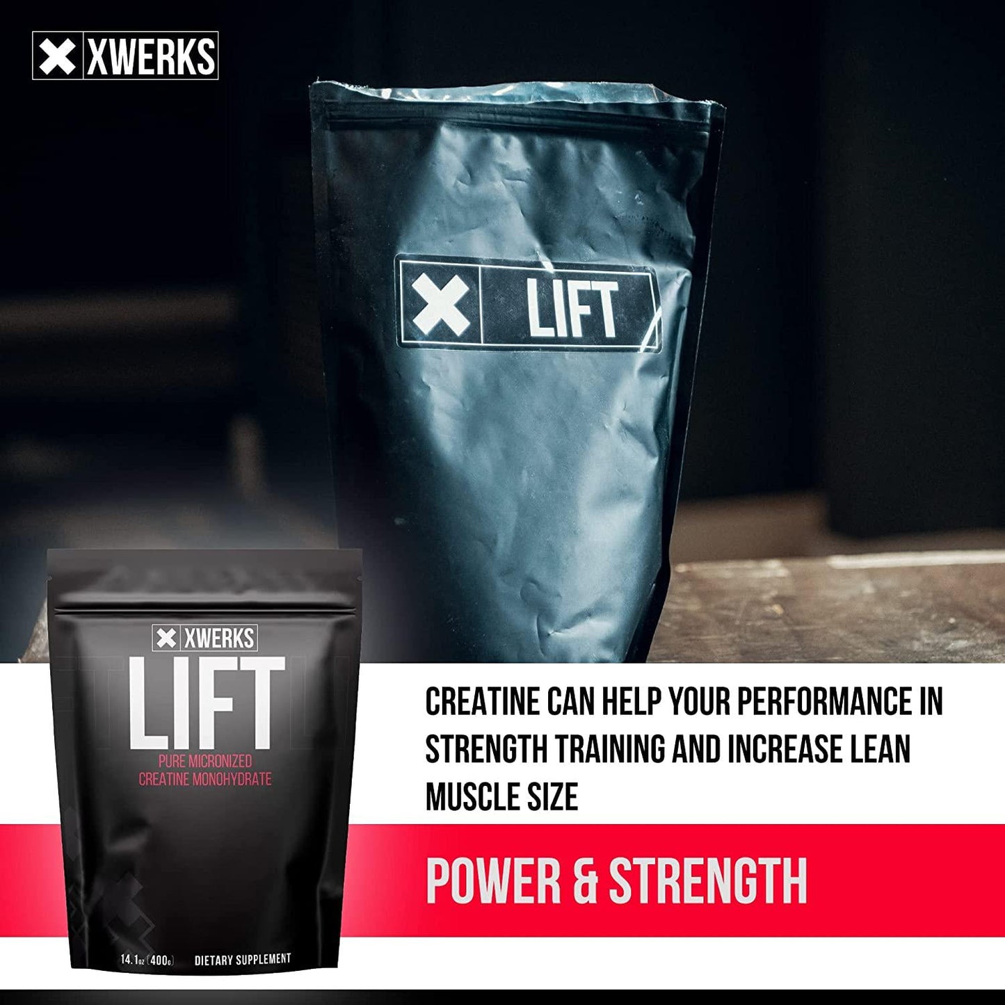 Xwerks Lift Pure Creatine Monohydrate Powder - 80 Servings - Raw 100% Natural 5000mg Formula Micronized Creatine - Highly Soluble Supplements for Power Strength Muscle Growth and Repair - Unflavored