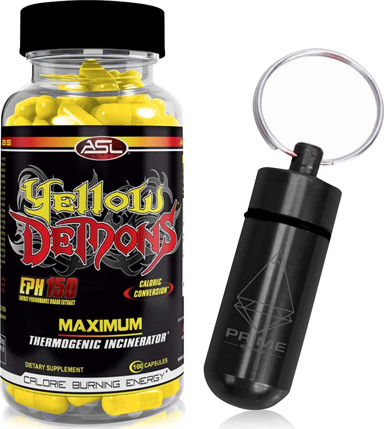 Yellow Demons EPH 150 Anabolic Science Labs (ASL) 100 Capsules Combined with Prime Purchase Keyring Pill Container. 100 Capsules of Yellow Demons by ASL