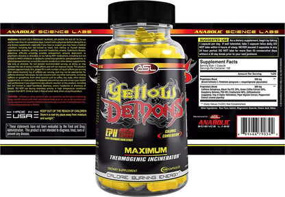 Yellow Demons EPH 150 Anabolic Science Labs (ASL) 100 Capsules Combined with Prime Purchase Keyring Pill Container. 100 Capsules of Yellow Demons by ASL