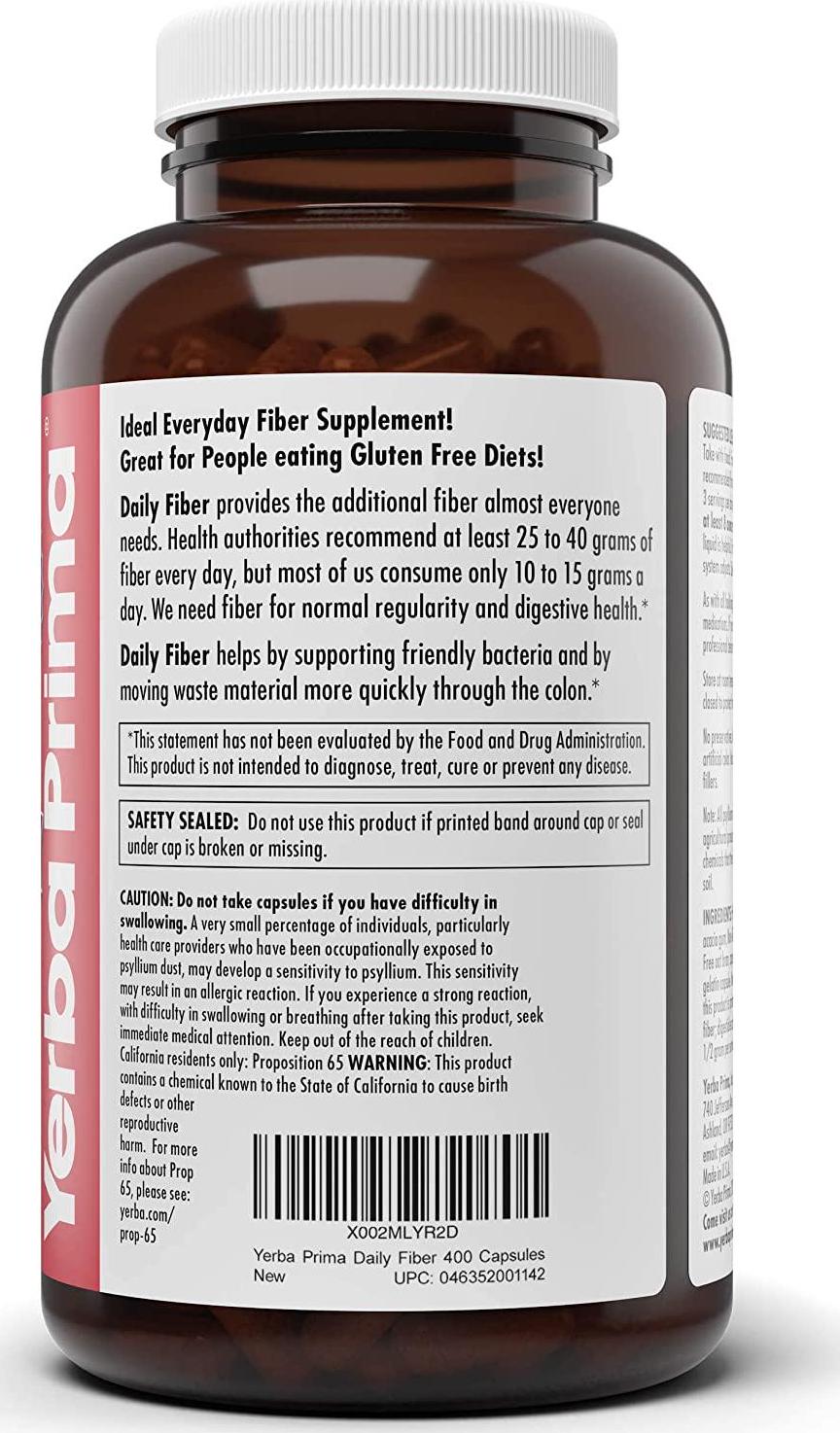 Yerba Prima Daily Fiber Caps Formula, 400 Capsules - Both Soluble and Insoluble - with Psyllium Seed Husks, Acacia Gum, Apple Fiber and More - Dietary Supplement