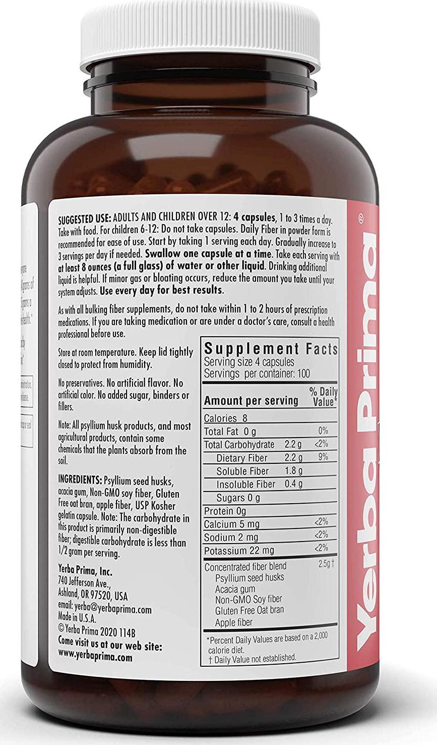 Yerba Prima Daily Fiber Caps Formula, 400 Capsules - Both Soluble and Insoluble - with Psyllium Seed Husks, Acacia Gum, Apple Fiber and More - Dietary Supplement