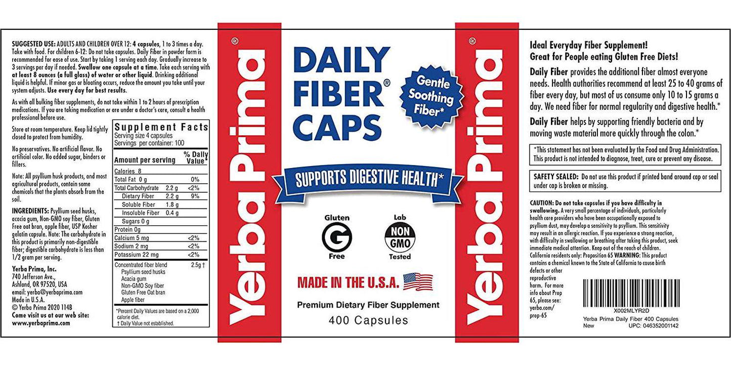 Yerba Prima Daily Fiber Caps Formula, 400 Capsules - Both Soluble and Insoluble - with Psyllium Seed Husks, Acacia Gum, Apple Fiber and More - Dietary Supplement