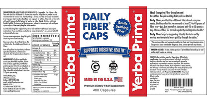 Yerba Prima Daily Fiber Caps Formula, 400 Capsules - Both Soluble and Insoluble - with Psyllium Seed Husks, Acacia Gum, Apple Fiber and More - Dietary Supplement