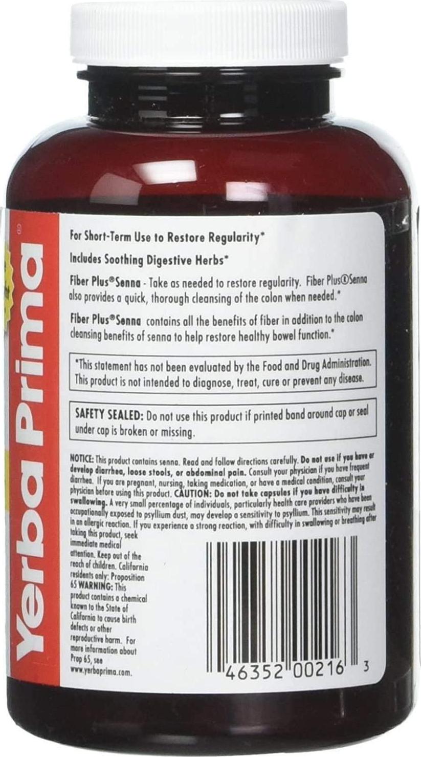 Yerba Prima Fiber Plus Senna Capsules, 180 Count - Gentle Overnight Relief, USA Made, Non-GMO, Gluten-Free