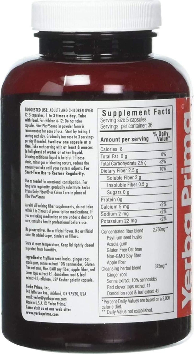 Yerba Prima Fiber Plus Senna Capsules, 180 Count - Gentle Overnight Relief, USA Made, Non-GMO, Gluten-Free