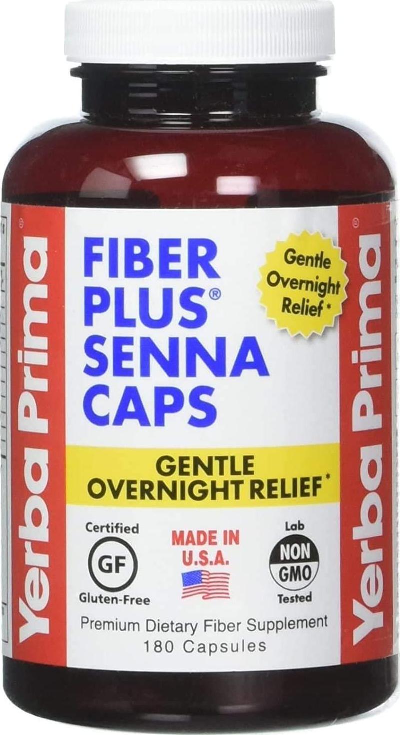 Yerba Prima Fiber Plus Senna Capsules, 180 Count - Gentle Overnight Relief, USA Made, Non-GMO, Gluten-Free