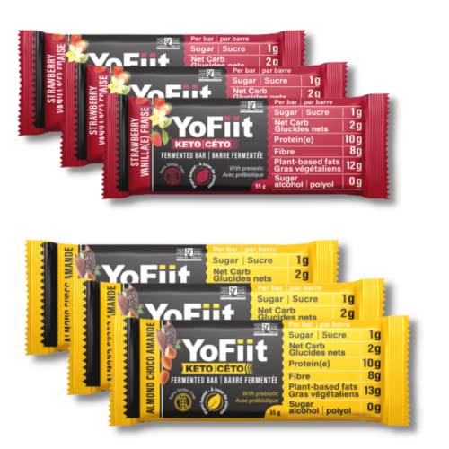 YoFiit Keto Bars Variety Pack Low Carb Diet 2g Net Carbs Gluten and Dairy Free Snacks Made with Plant Based Protein | Strawberry Vanilla and Almond Choco (6 Bars)