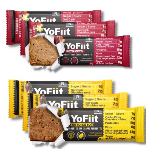 YoFiit Keto Bars Variety Pack Low Carb Diet 2g Net Carbs Gluten and Dairy Free Snacks Made with Plant Based Protein | Strawberry Vanilla and Almond Choco (6 Bars)