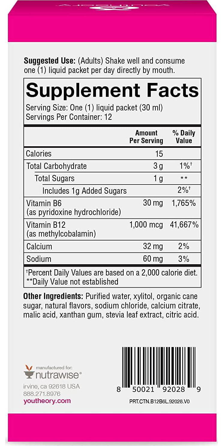 Youtheory B12B6 Liquid Rasberry Flavor, 12 Single Serving Packets