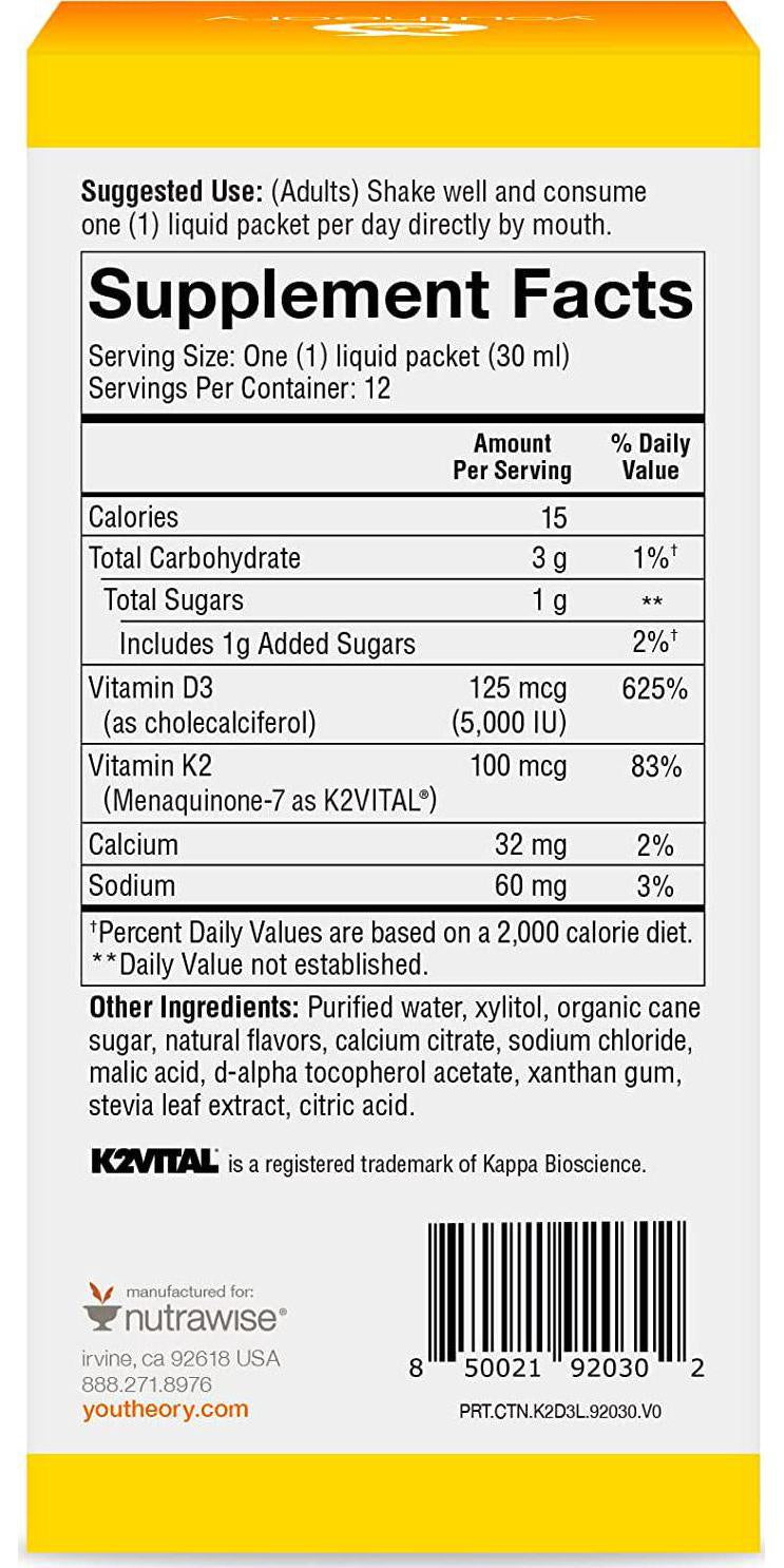 Youtheory K2D3 Liquid Peach Flavor, 12 Single Serving Packets