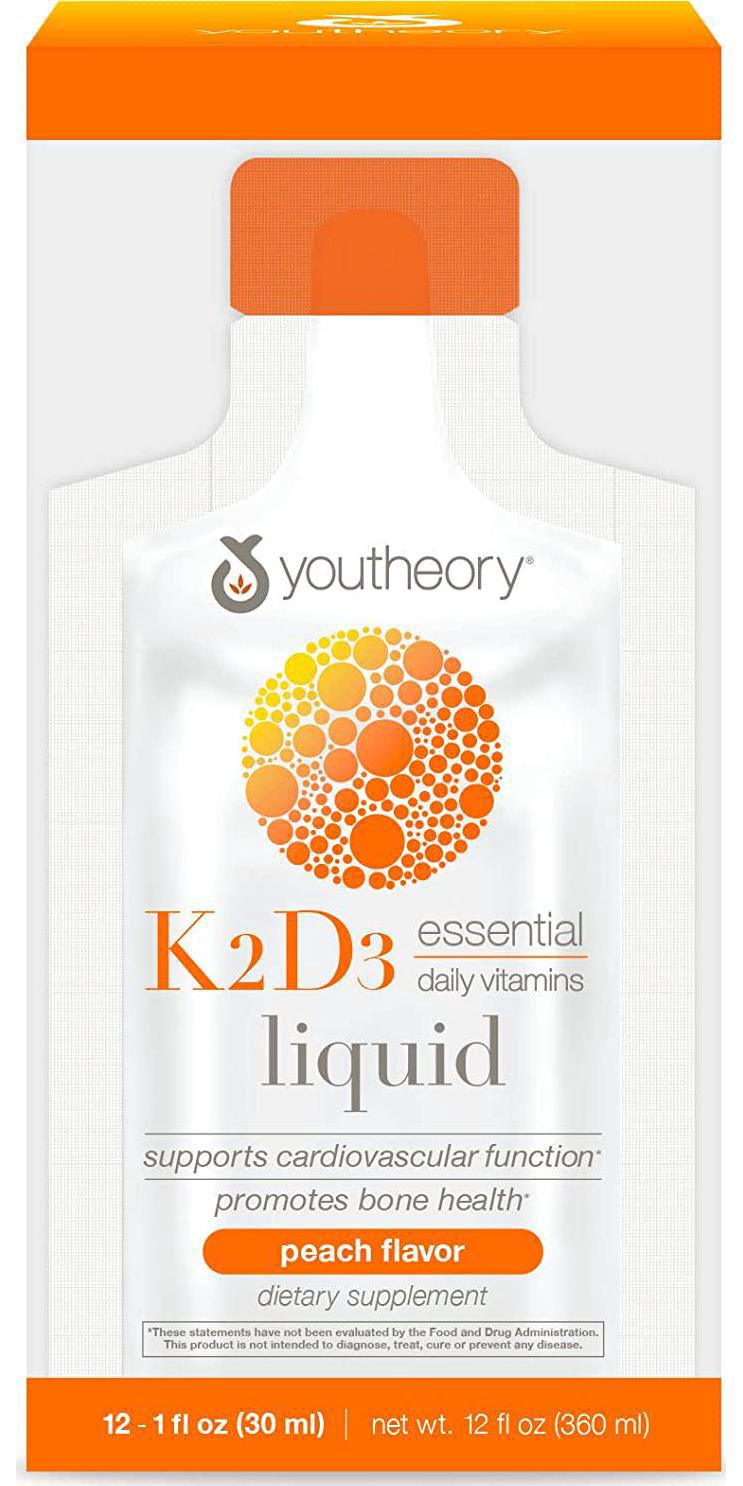 Youtheory K2D3 Liquid Peach Flavor, 12 Single Serving Packets