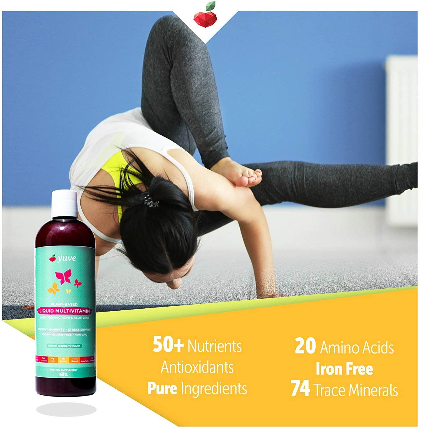 Yuve Vegan Liquid Daily Multivitamin - Vitamins A B C D3 E, Zinc, Biotin, Opti MSM, Minerals and Amino Acids Complex (BCAA) - Natural, Non-GMO, Paleo, Sugar and Gluten Free - Cherry and Cranberry - 16oz