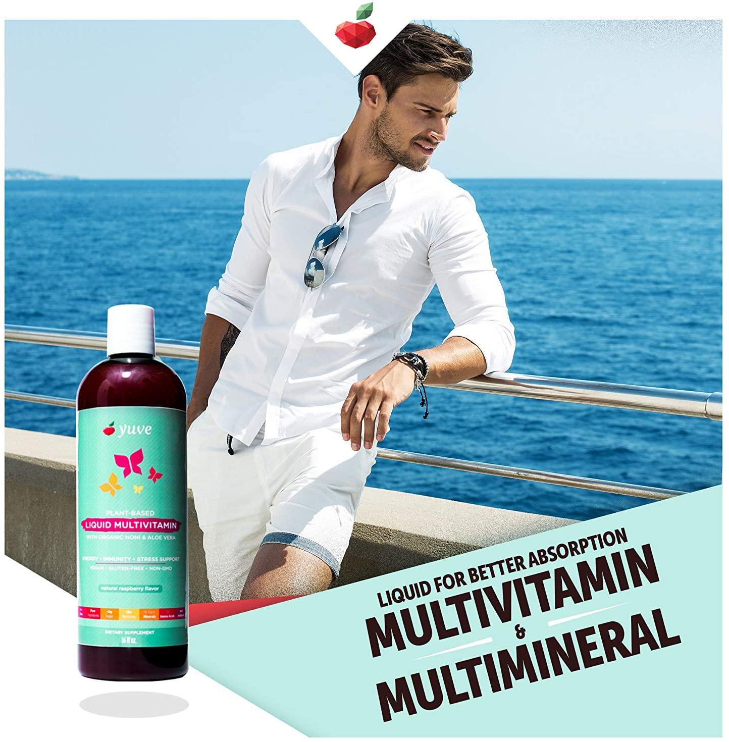 Yuve Vegan Liquid Daily Multivitamin - Vitamins A B C D3 E, Zinc, Biotin, Opti MSM, Minerals and Amino Acids Complex (BCAA) - Natural, Non-GMO, Paleo, Sugar and Gluten Free - Cherry and Cranberry - 16oz