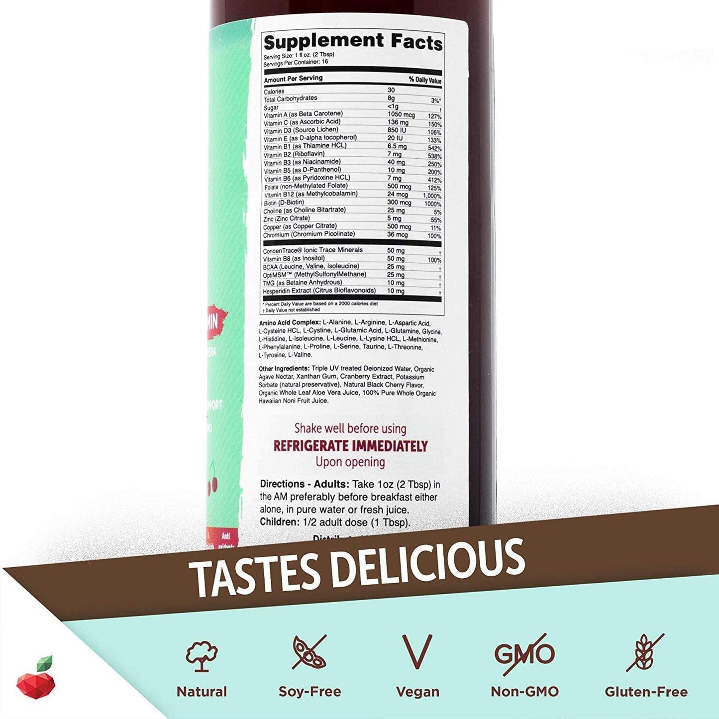 Yuve Vegan Liquid Daily Multivitamin - Vitamins A B C D3 E, Zinc, Biotin, Opti MSM, Minerals and Amino Acids Complex (BCAA) - Natural, Non-GMO, Paleo, Sugar and Gluten Free - Cherry and Cranberry - 16oz