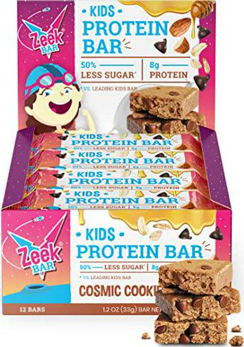 ZEEK BAR - Kids Protein Bars - 50% Less Sugar, 8g Protein - All Natural, Non-GMO, Gluten Free - Cosmic Cookie Dough, 12 Count