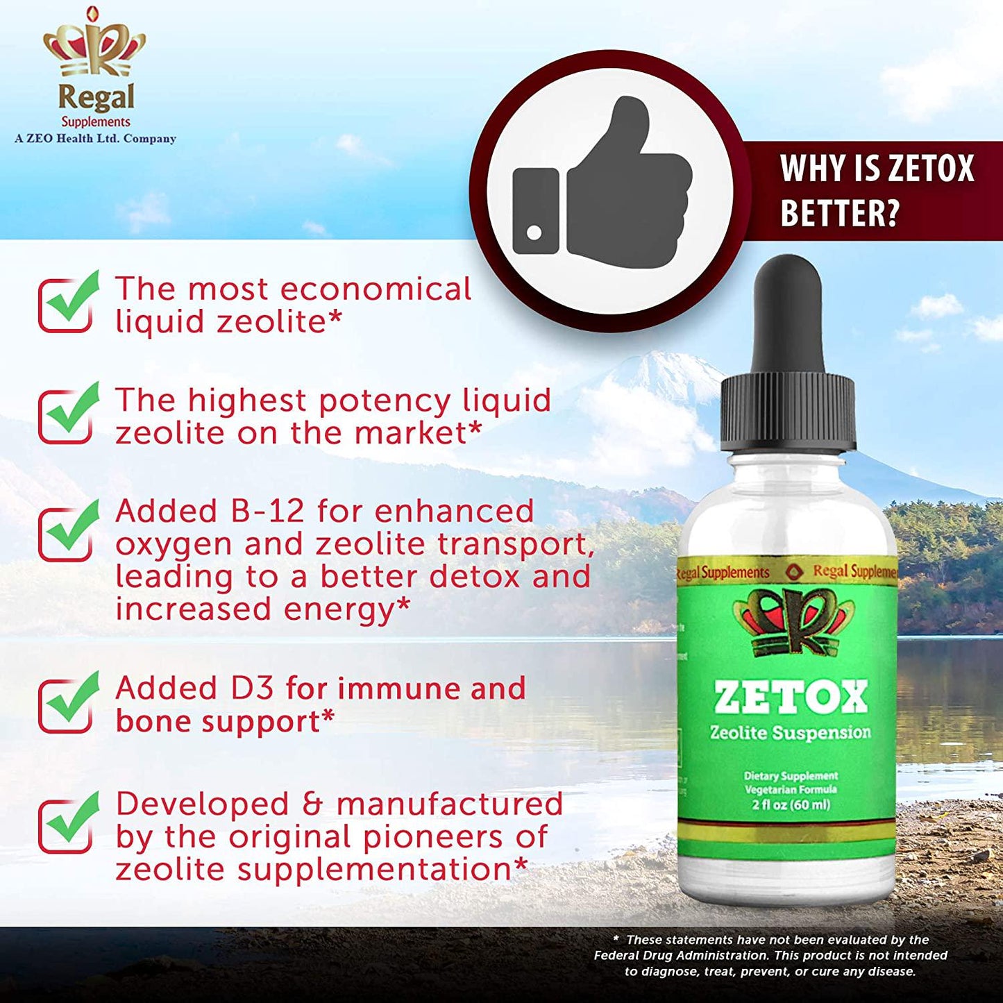 ZETOX | Easy to Take Liquid Zeolite Suspension with B-12 and D3 | Natural Energy and Immune System Booster that Supports Daily Detox and Optimal pH | Max Absorption Alkaline Drops (60 Servings)